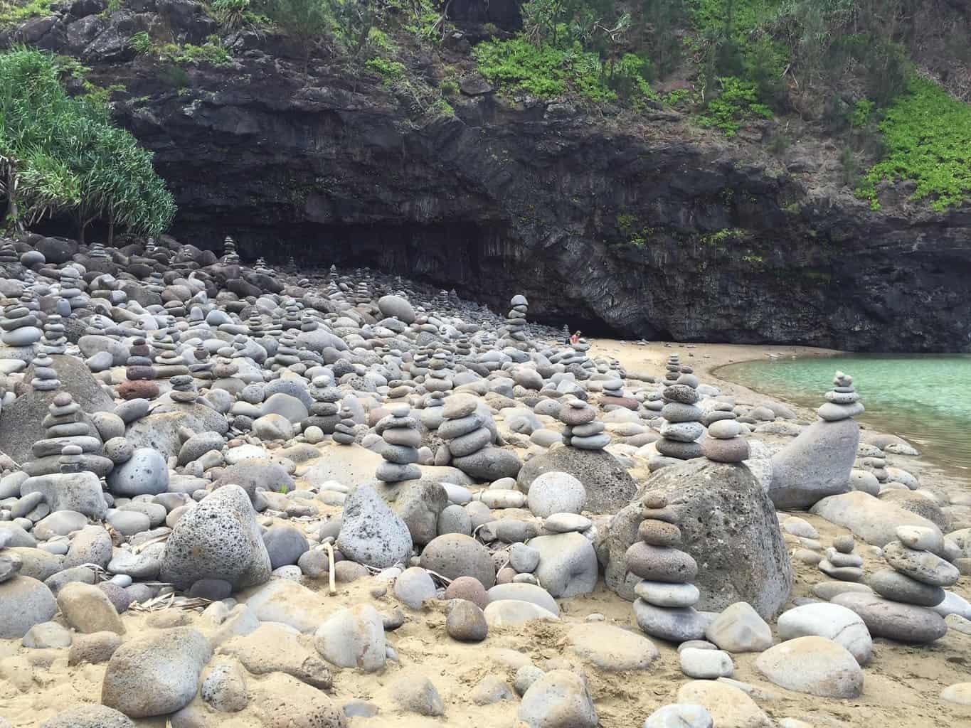 stacked stones at Hanakapiai Beach