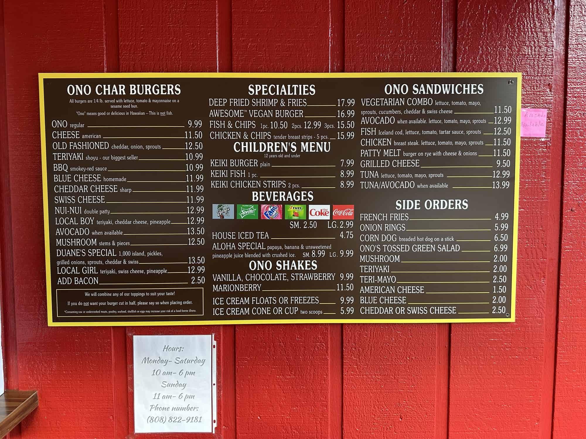 Duane's Ono Char Burger Menu